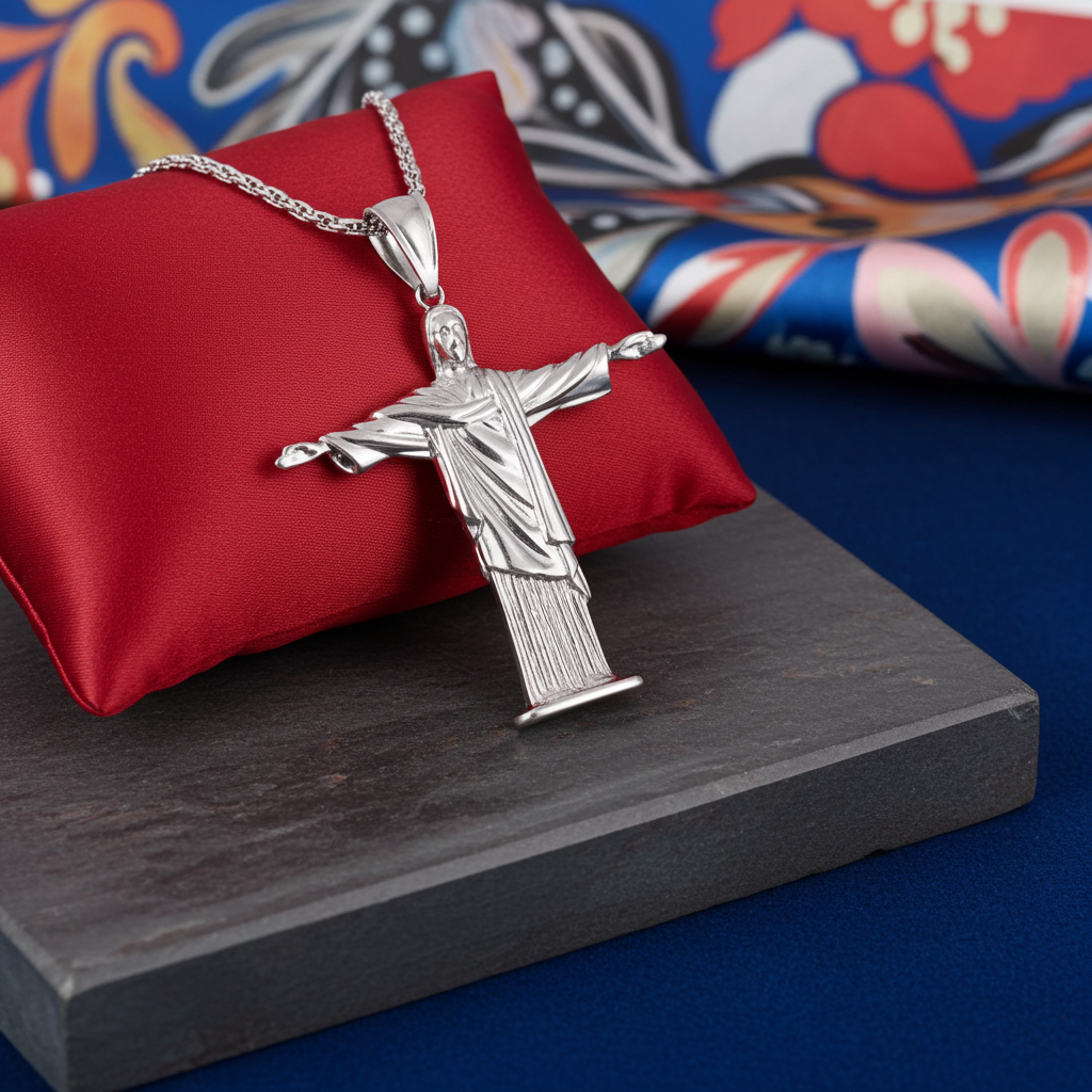 Sterling Silver Jesus Christ The Redeemer Cross Brazil Rio Statue Pendant