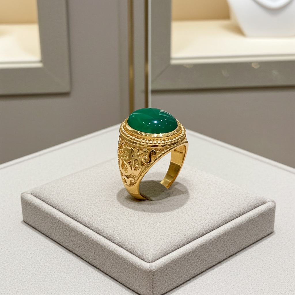 Gold Om Oval Cabochon Green Onyx Gemstone Mens Yoga Ring Karma Blingz
