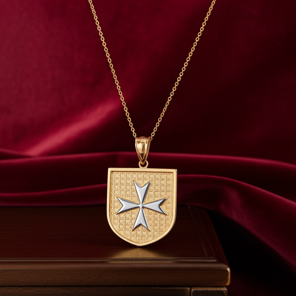Solid Gold Knights Templar Maltese Cross Shield Medal Pendant Necklace (10K, 14K, Yellow, White, Rose, 2-tone)