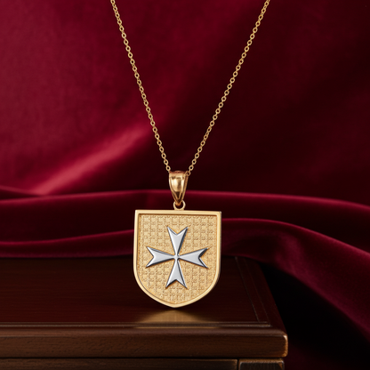 Solid Gold Knights Templar Maltese Cross Shield Medal Pendant Necklace (10K, 14K, Yellow, White, Rose, 2-tone)