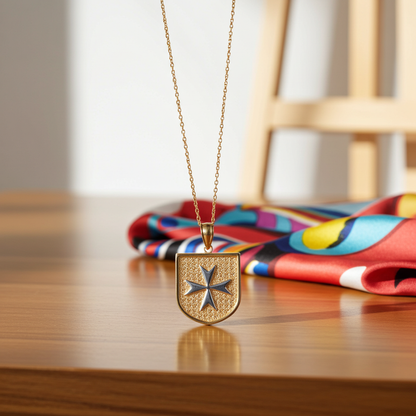 Solid Gold Knights Templar Maltese Cross Shield Medal Pendant Necklace (10K, 14K, Yellow, White, Rose, 2-tone)