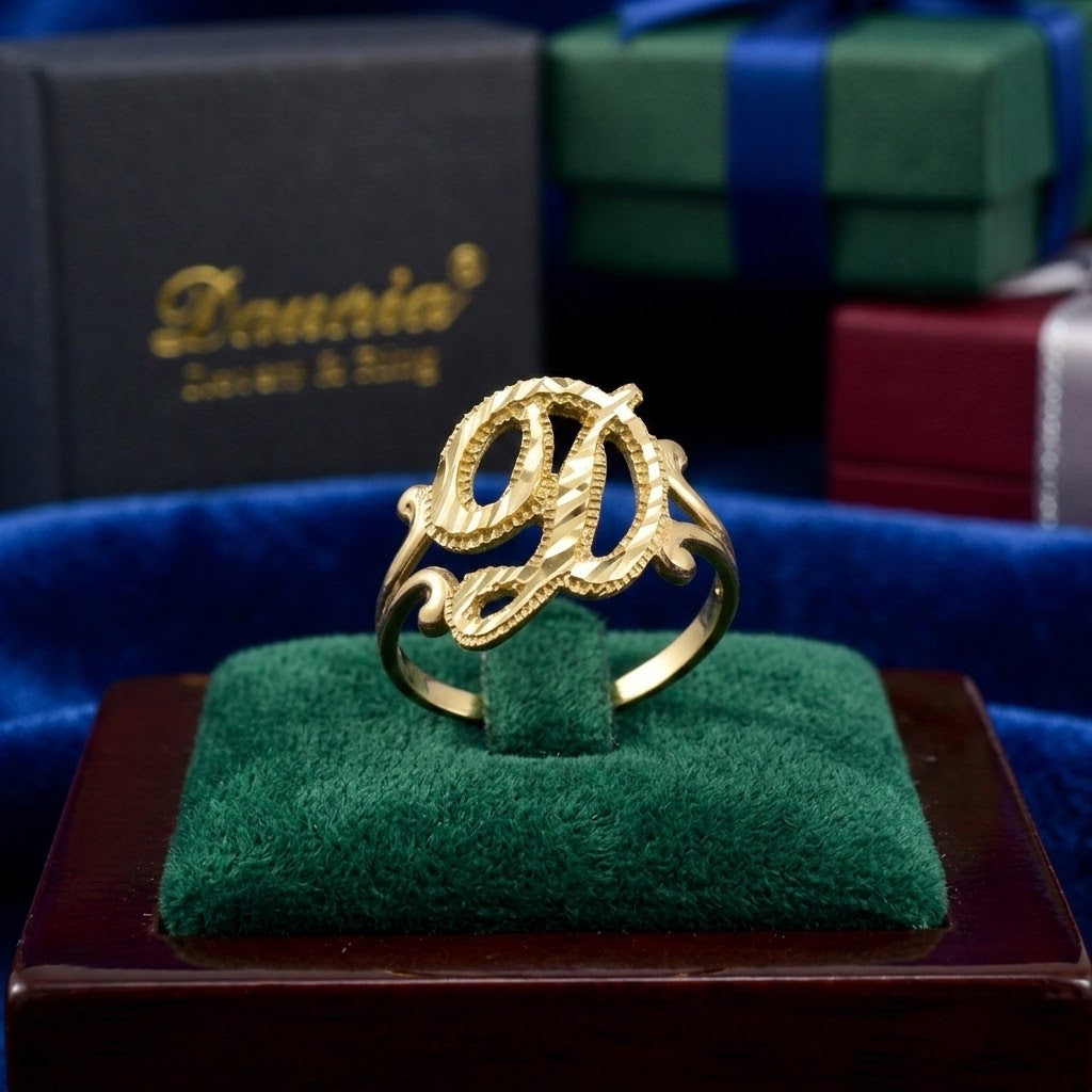 14K Yellow Gold Sparkle-Cut Letter Initial Script Ring