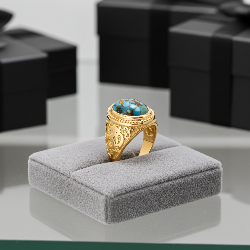 Gold Om Blue Copper Turquoise Oval Yoga Ring Karma Blingz