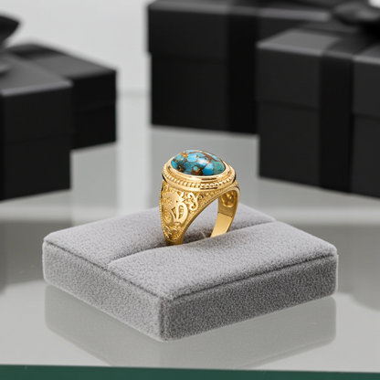 Gold Om Blue Copper Turquoise Oval Yoga Ring Karma Blingz