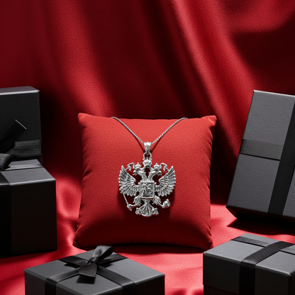 Sterling Silver Russian Coat of Arms Double-Headed Eagle Pendant Necklace