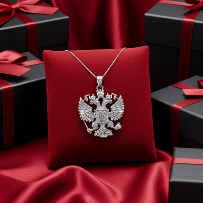 Sterling Silver Russian Coat of Arms Double-Headed Eagle Pendant Necklace