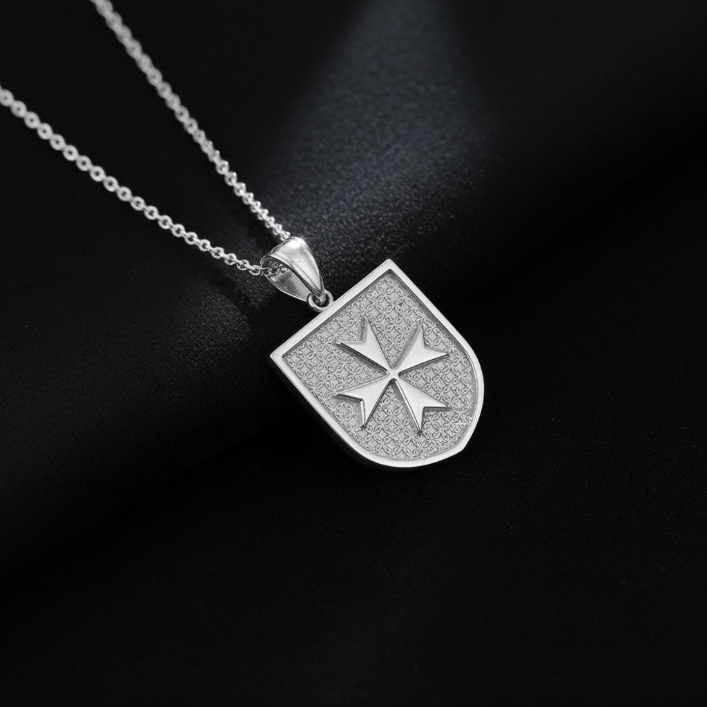 Solid Sterling Silver Maltese Cross Templar Knights Hospitaller Shield Pendant Necklace