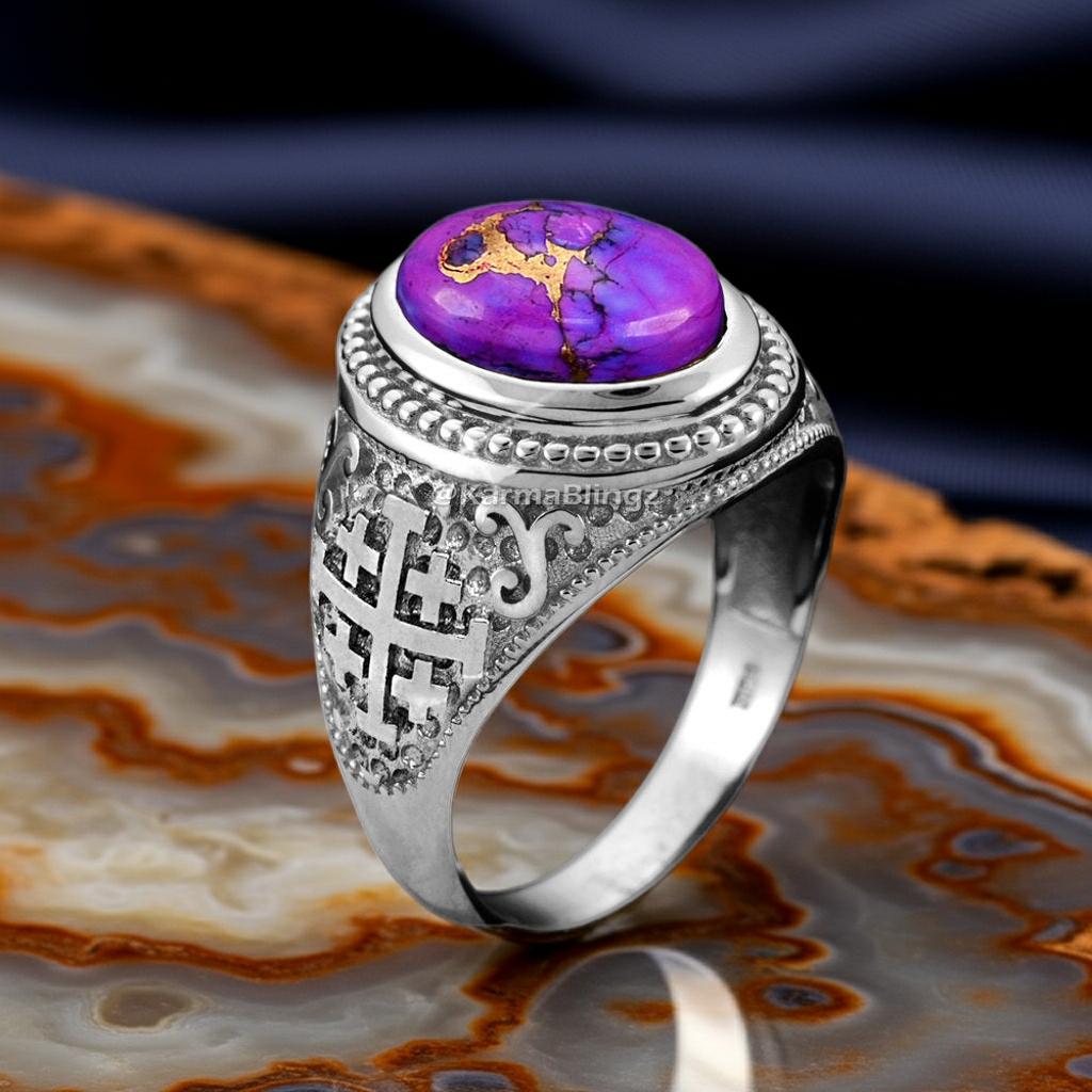 Sterling Silver Jerusalem Cross Purple Copper Turquoise Ring