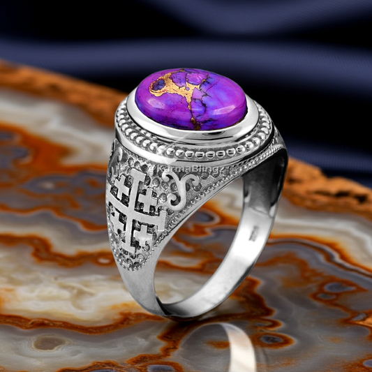 Sterling Silver Jerusalem Cross Purple Copper Turquoise Ring