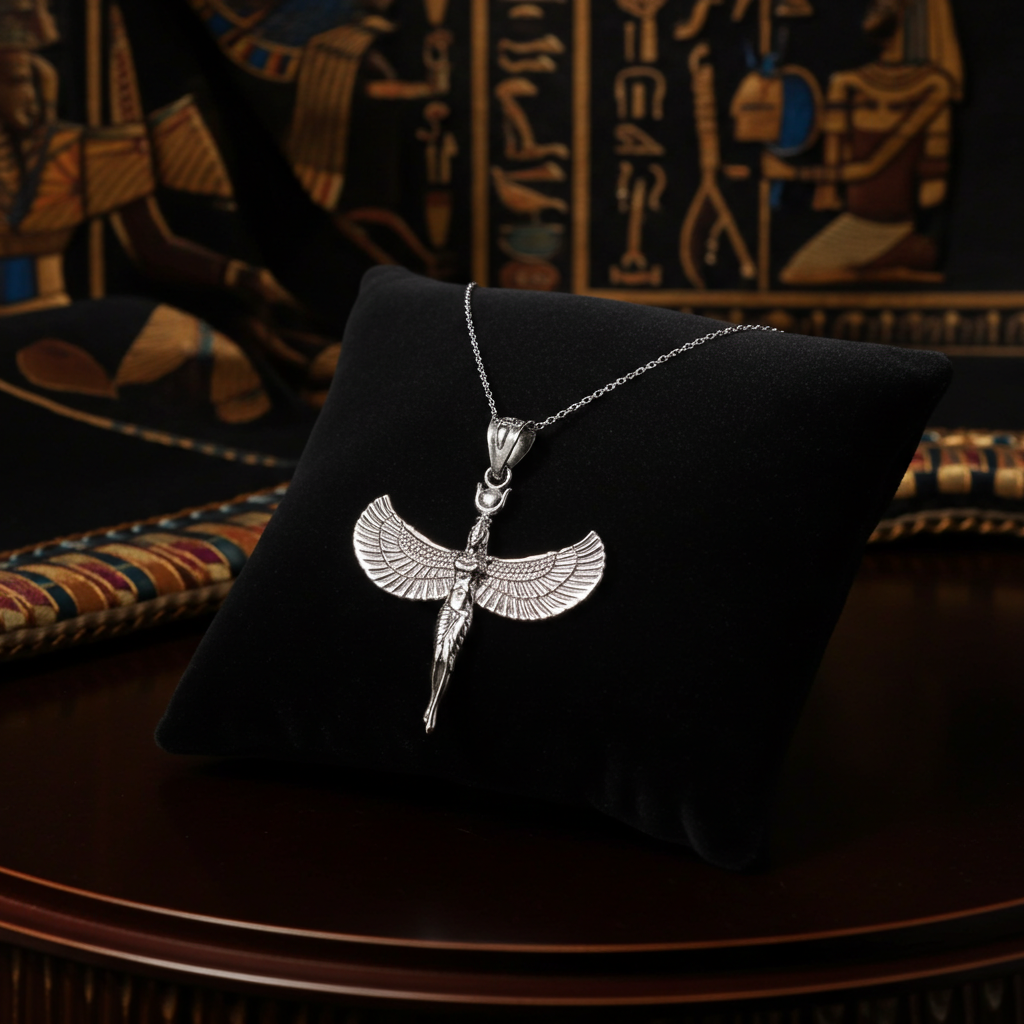 Sterling Silver Egyptian Isis Standing Winged Goddess Pendant Necklace