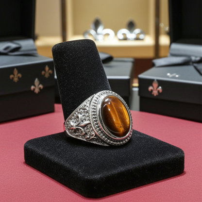 Sterling Silver Fleur De Lis Tiger Eye Gemstone Statement Ring
