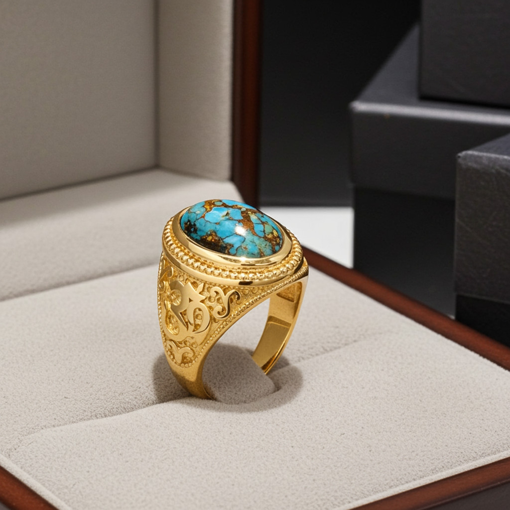 Gold Om Blue Copper Turquoise Oval Yoga Ring Karma Blingz
