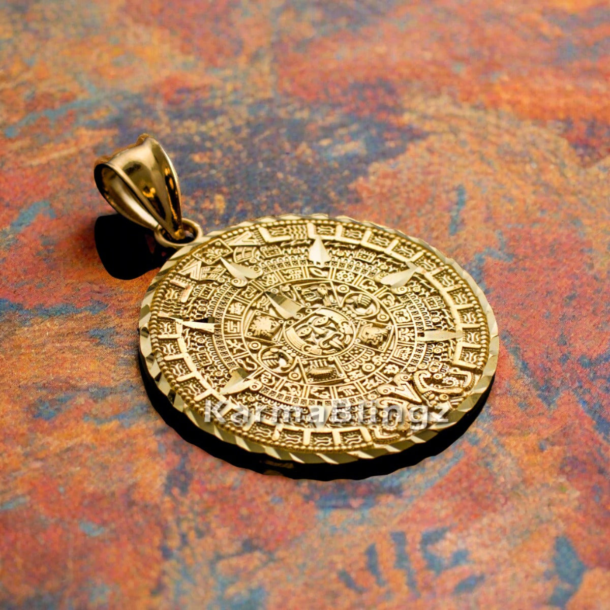 14K Gold Aztec Mayan Sun Calendar Pendant Necklace (yellow, white, rose gold) Karma Blingz