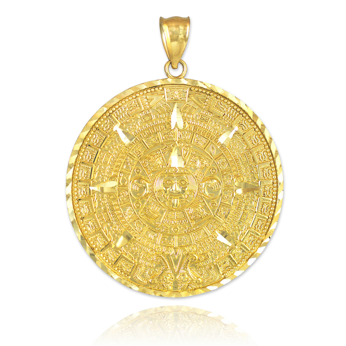 14K Gold Aztec Mayan Sun Calendar Pendant (3 sizes, yellow, white, rose gold) Karma Blingz