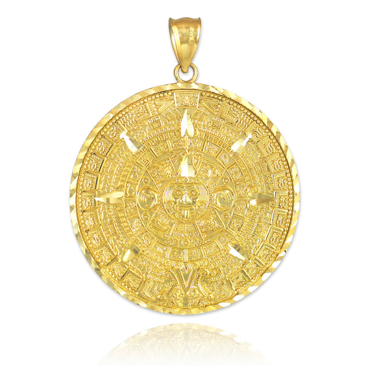 14K Gold Aztec Mayan Sun Calendar Pendant Necklace (yellow, white, rose gold) Karma Blingz