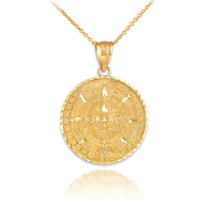 10K Gold Aztec Mayan Sun Calendar Pendant Necklace (yellow, white, rose gold) Karma Blingz