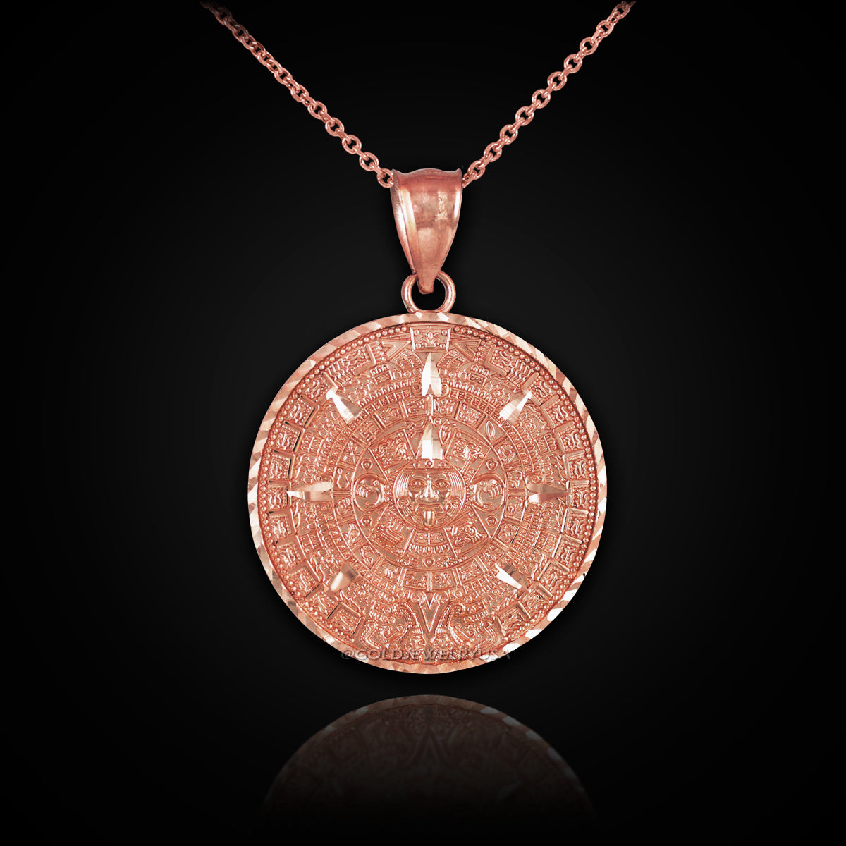 14K Gold Aztec Mayan Sun Calendar Pendant Necklace (yellow, white, rose gold) Karma Blingz