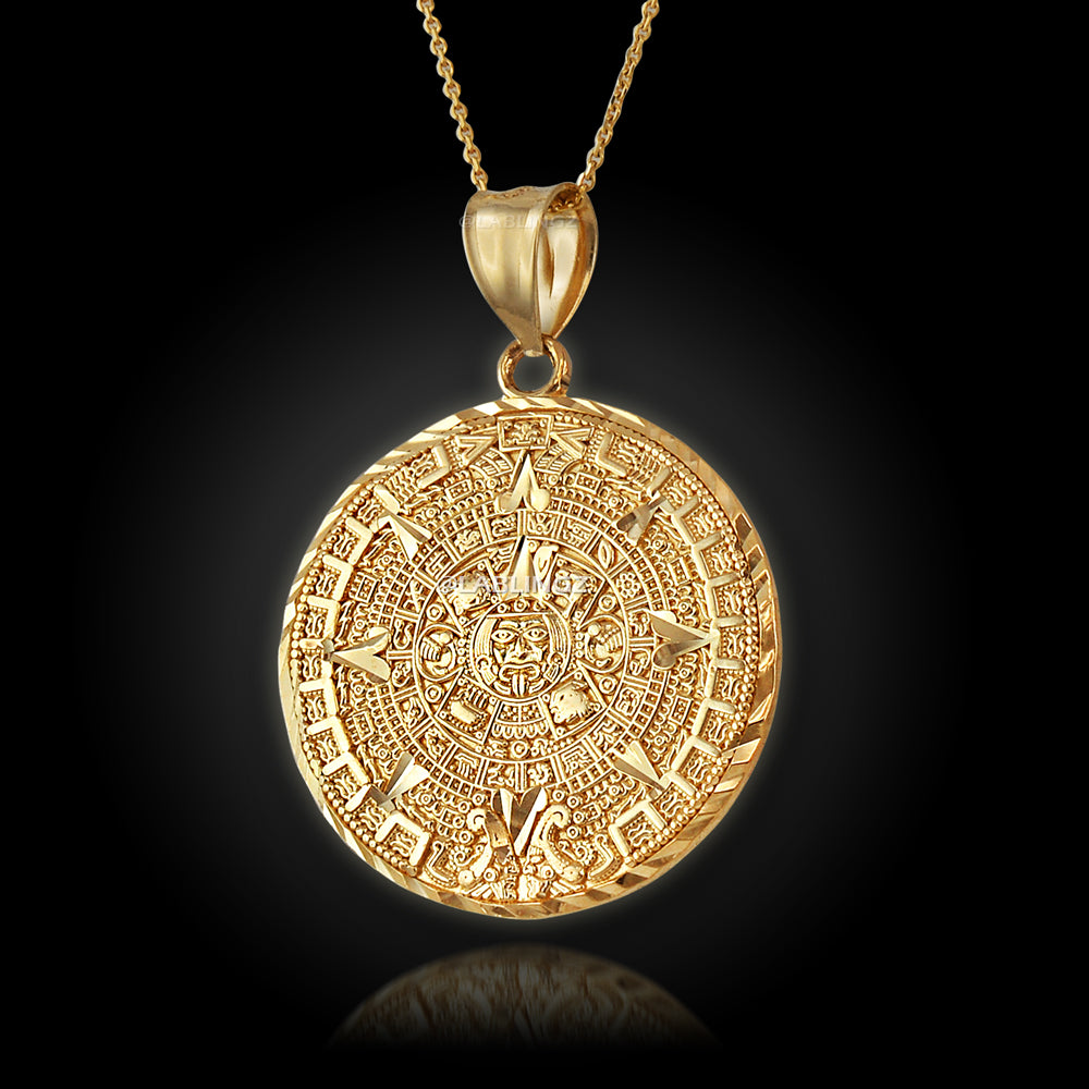 14K Gold Aztec Mayan Sun Calendar Pendant Necklace (yellow, white, rose gold) Karma Blingz