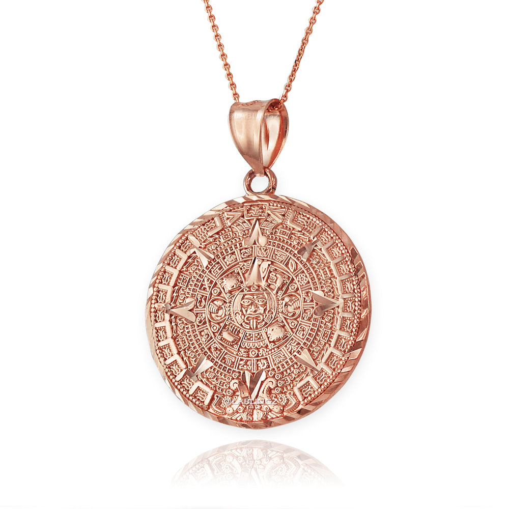 14K Gold Aztec Mayan Sun Calendar Pendant Necklace (yellow, white, rose gold) Karma Blingz