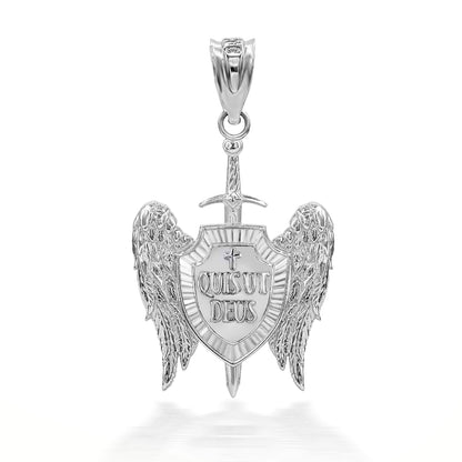 Saint Michael Sword and Shield "Quis ut Deus" Gold Pendant Necklace Karma Blingz