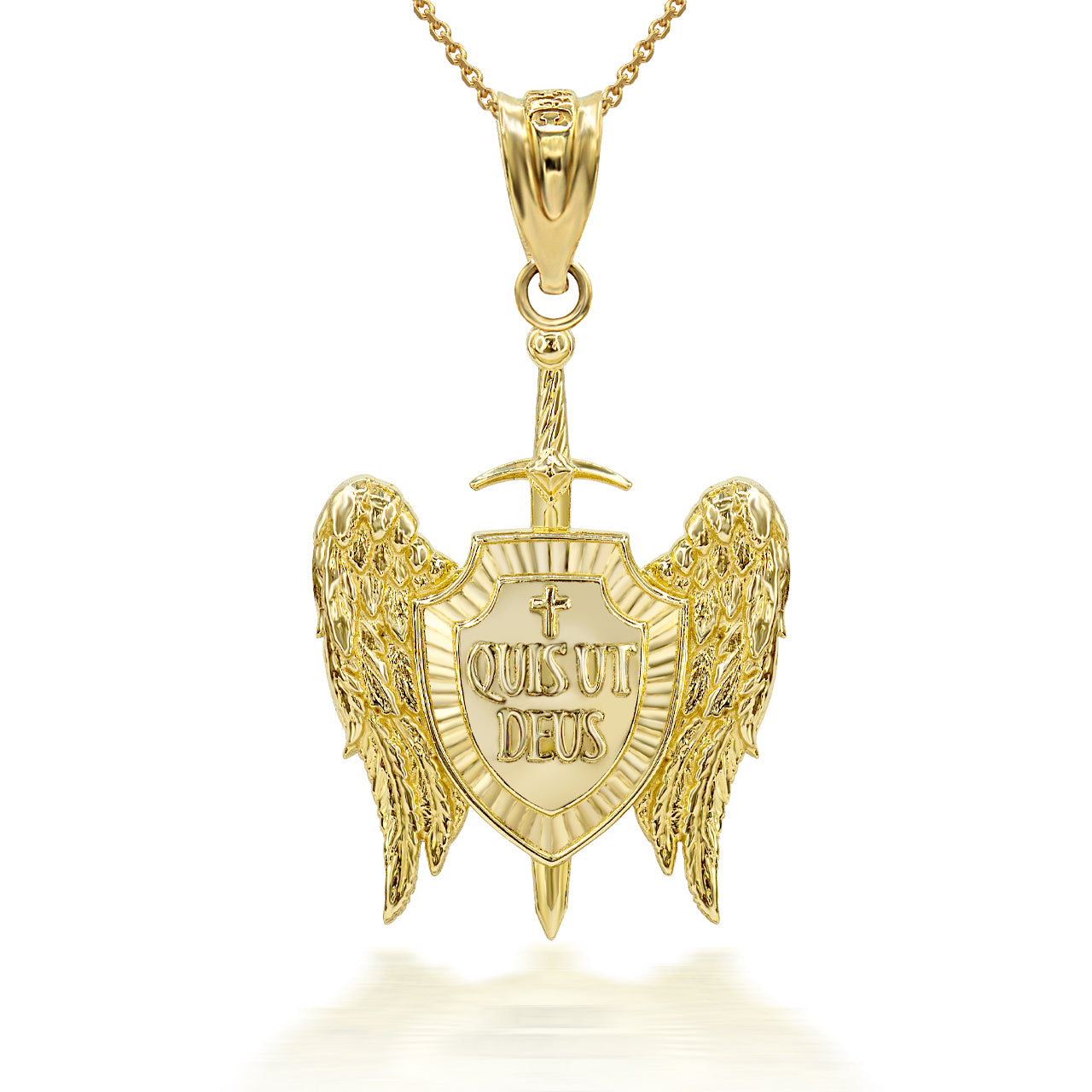 Saint Michael Sword and Shield "Quis ut Deus" Gold Pendant Necklace Karma Blingz
