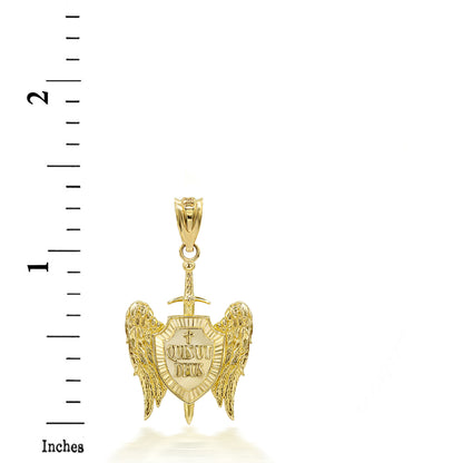 Saint Michael Sword and Shield "Quis ut Deus" Gold Pendant Necklace Karma Blingz
