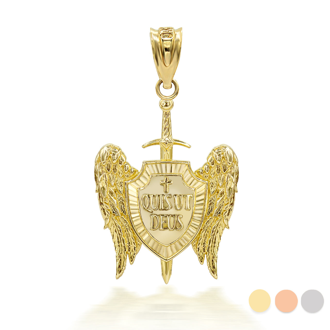 Saint Michael Sword and Shield "Quis ut Deus" Gold Pendant Necklace Karma Blingz
