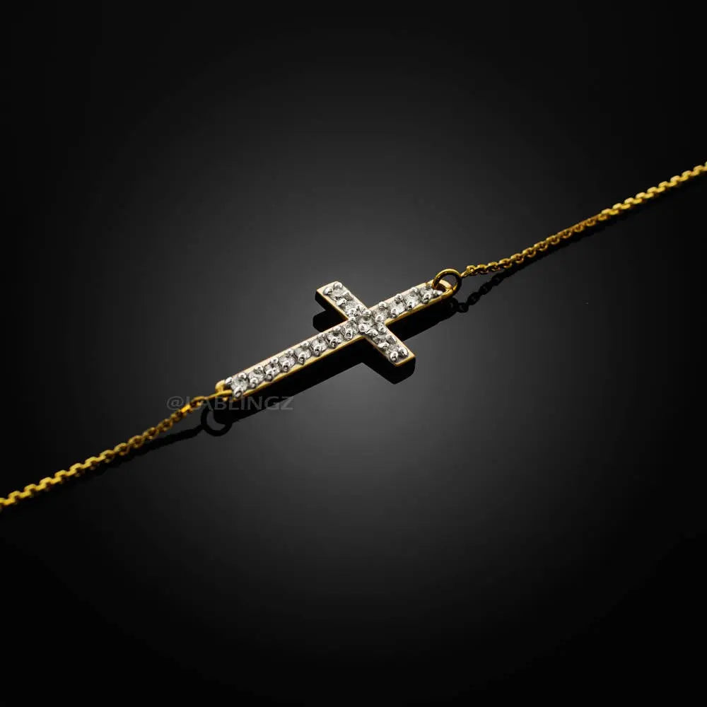 14K Gold Diamond Studded Cross Bracelet (yellow, white, rose gold) Karma Blingz