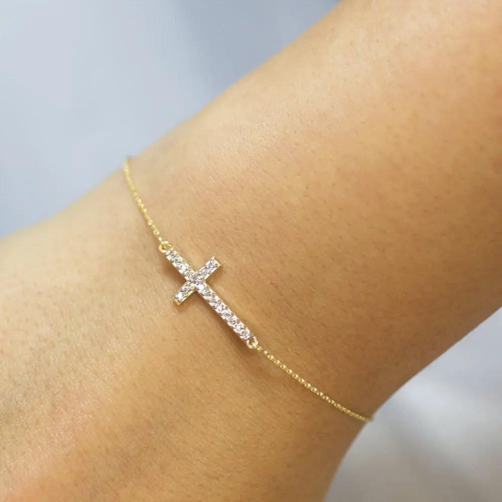 14K Gold Diamond Studded Cross Bracelet (yellow, white, rose gold) Karma Blingz