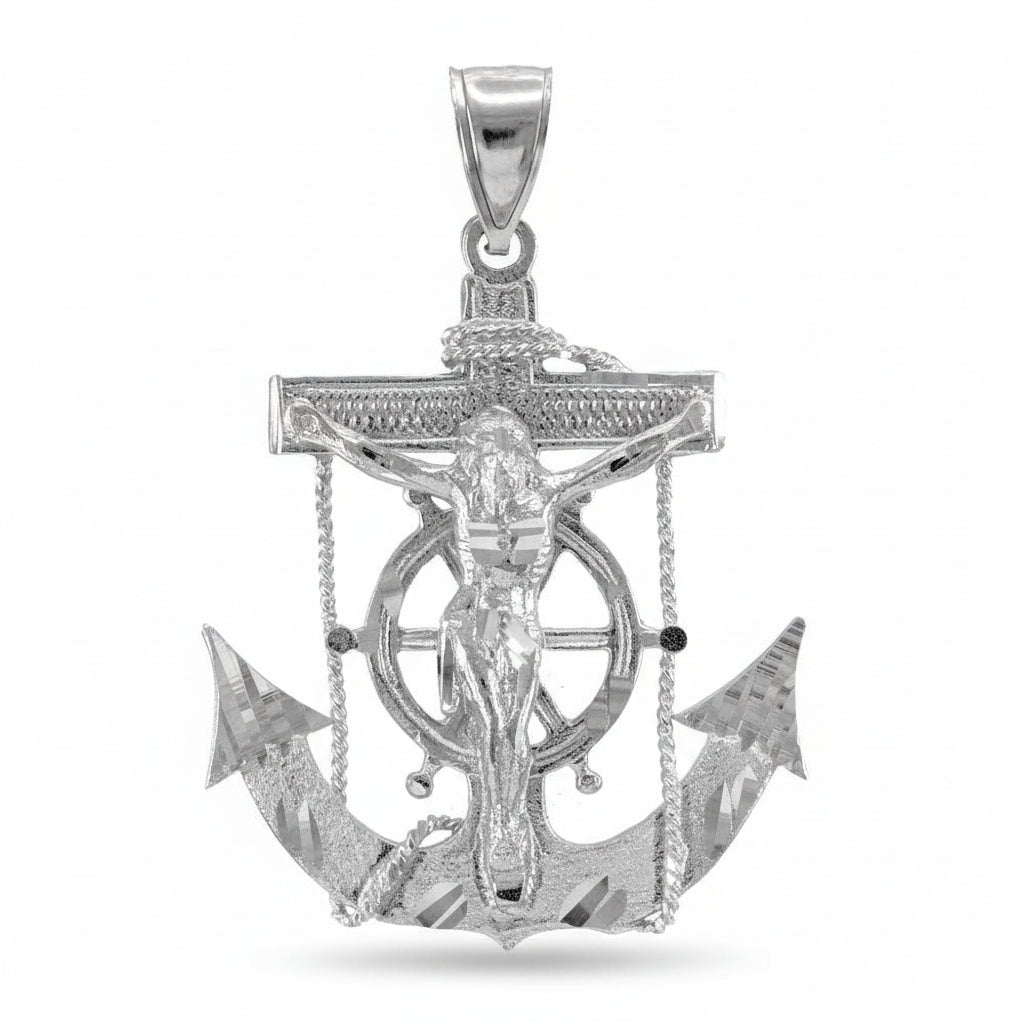 925 Sterling Silver Mariner Crucifix Anchor Mens Cross Pendant (L) Karma Blingz