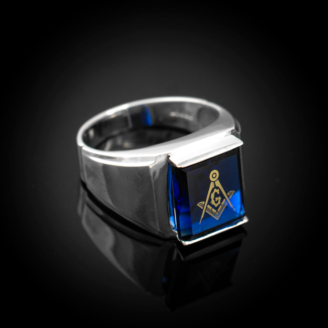 Sterling Silver Freemason Mens Blue CZ Square & Compass Masonic Ring Karma Blingz