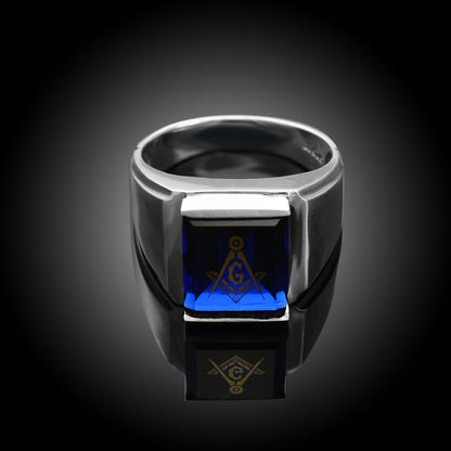 Sterling Silver Freemason Mens Blue CZ Square & Compass Masonic Ring Karma Blingz