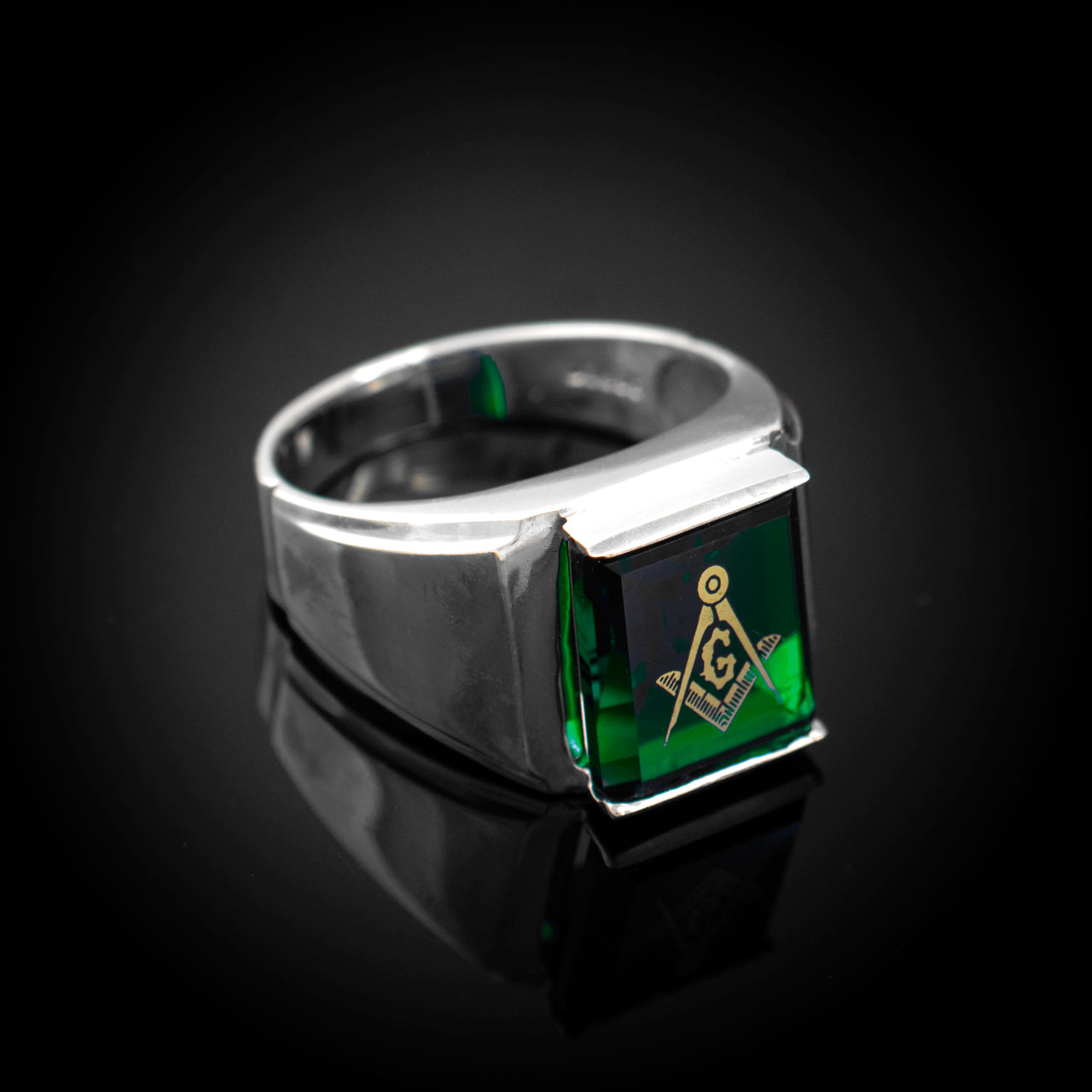 Sterling Silver Freemason Mens Green CZ Square & Compass Masonic Ring Karma Blingz