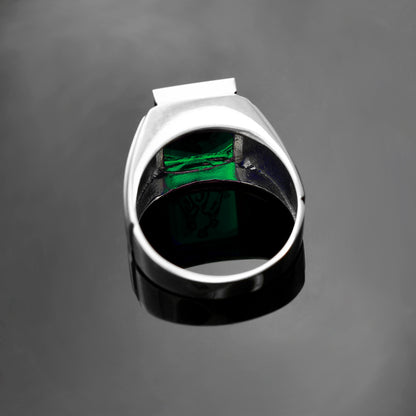 Sterling Silver Freemason Mens Green CZ Square & Compass Masonic Ring Karma Blingz