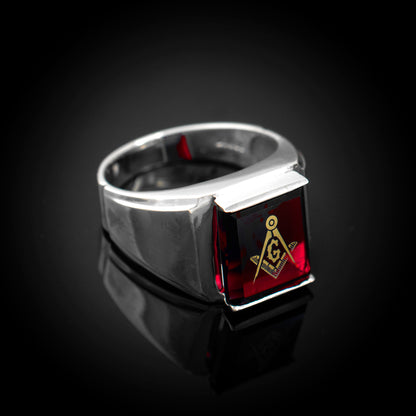 Sterling Silver Freemason Mens Red CZ Square & Compass Masonic Ring Karma Blingz