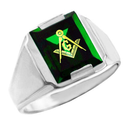 Sterling Silver Freemason Mens Green CZ Square & Compass Masonic Ring Karma Blingz