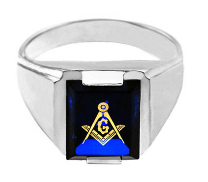 Sterling Silver Freemason Mens Blue CZ Square & Compass Masonic Ring Karma Blingz