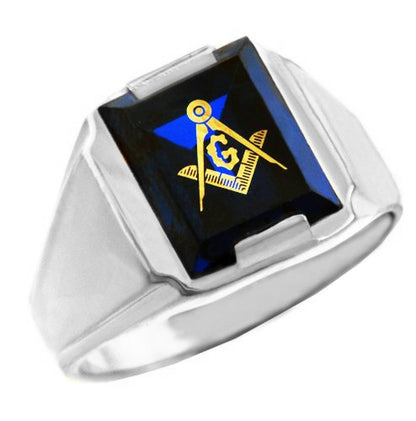 Sterling Silver Freemason Mens Blue CZ Square & Compass Masonic Ring Karma Blingz
