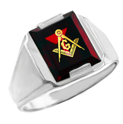 Sterling Silver Freemason Mens Red CZ Square & Compass Masonic Ring Karma Blingz