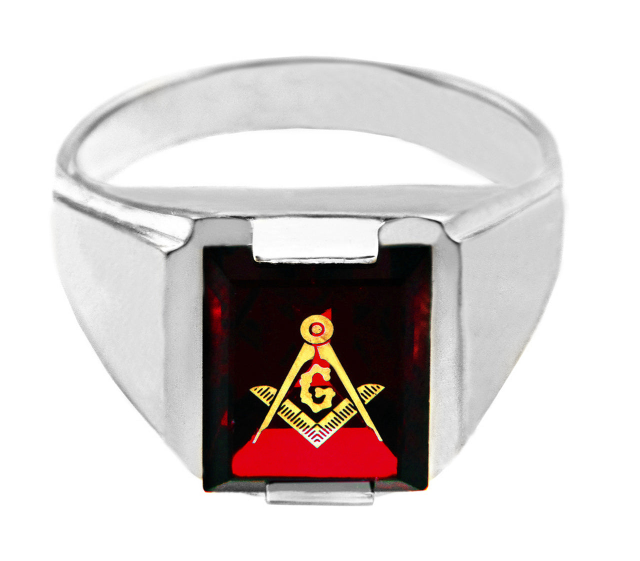 Sterling Silver Freemason Mens Red CZ Square & Compass Masonic Ring Karma Blingz