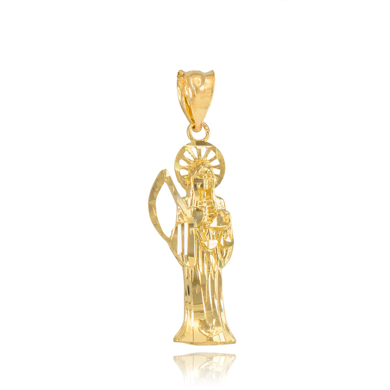 Gold Santa Muerte Charm Necklace (10k, 14k, yellow, white, rose gold) Karma Blingz