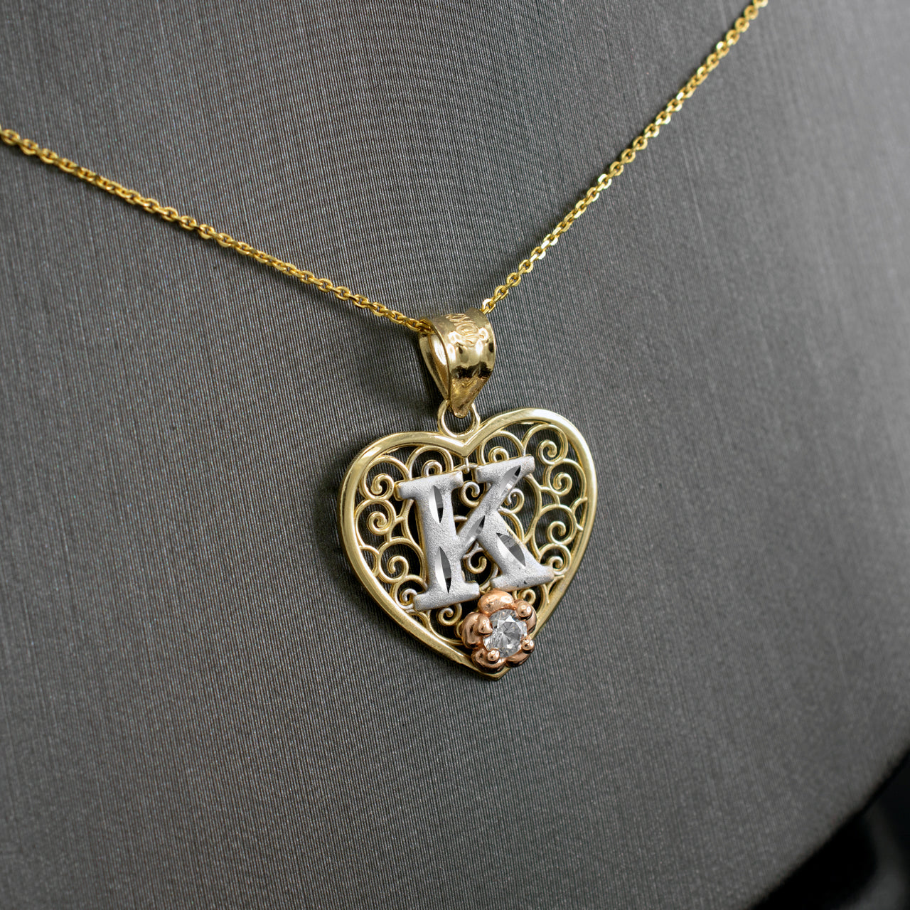 14K Multi-Tone Yellow Gold Filigree Heart Letter Initial A-Z Alphabet CZ Pendant Necklace Karma Blingz