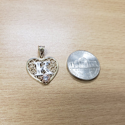 14K Multi-Tone Yellow Gold Filigree Heart Letter Initial A-Z Alphabet CZ Pendant Necklace Karma Blingz