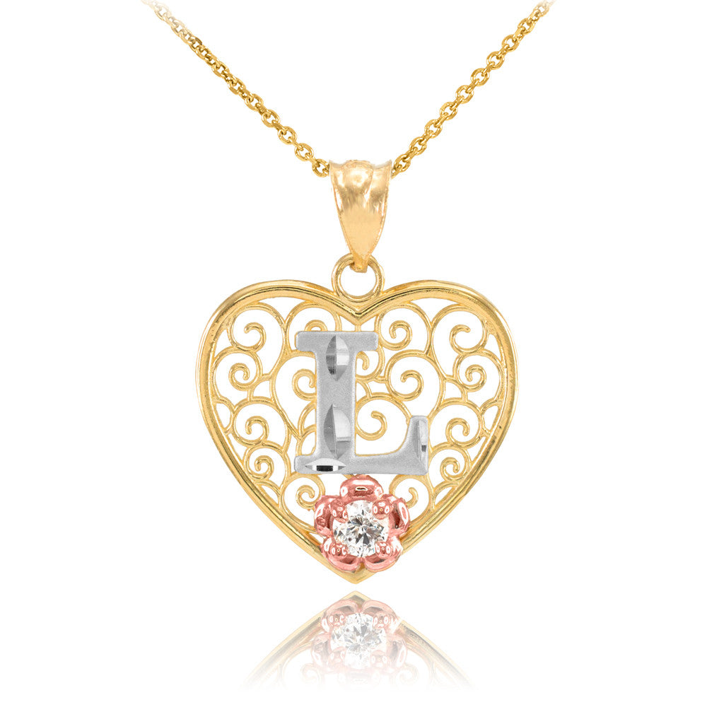 14K Multi-Tone Yellow Gold Filigree Heart Letter Initial CZ