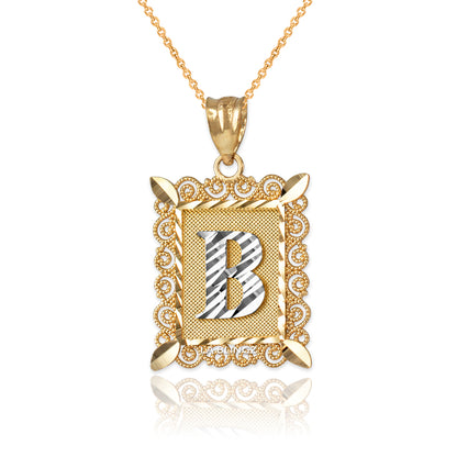 14K Yellow Gold Filigree Letter Initial Alphabet Pendant Necklace Karma Blingz