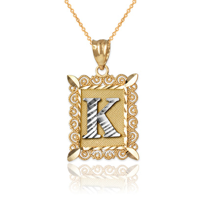 14K Yellow Gold Filigree Letter Initial Alphabet Pendant Necklace Karma Blingz