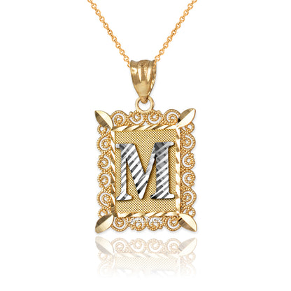 14K Yellow Gold Filigree Letter Initial Alphabet Pendant Necklace Karma Blingz