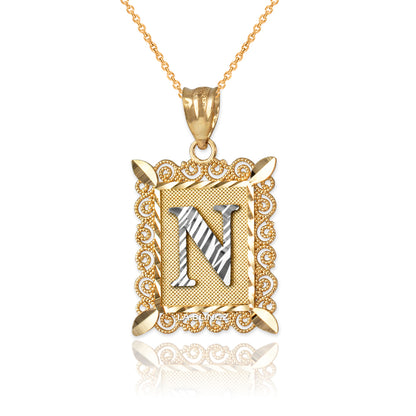 14K Yellow Gold Filigree Letter Initial Alphabet Pendant Necklace Karma Blingz
