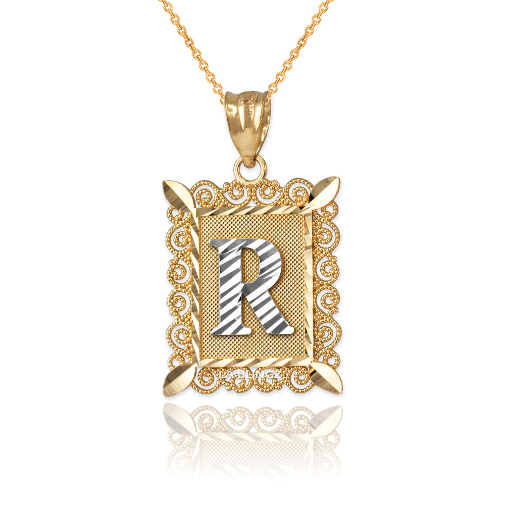 14K Yellow Gold Filigree Letter Initial Alphabet Pendant Necklace Karma Blingz