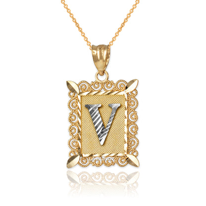 14K Yellow Gold Filigree Letter Initial Alphabet Pendant Necklace Karma Blingz